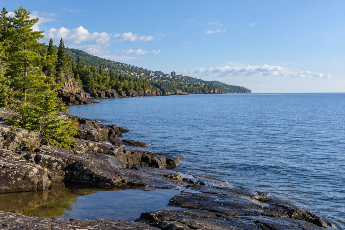 Lake Superior shoreline at Duluth with rocky ledges, pine forest and the city on the hill