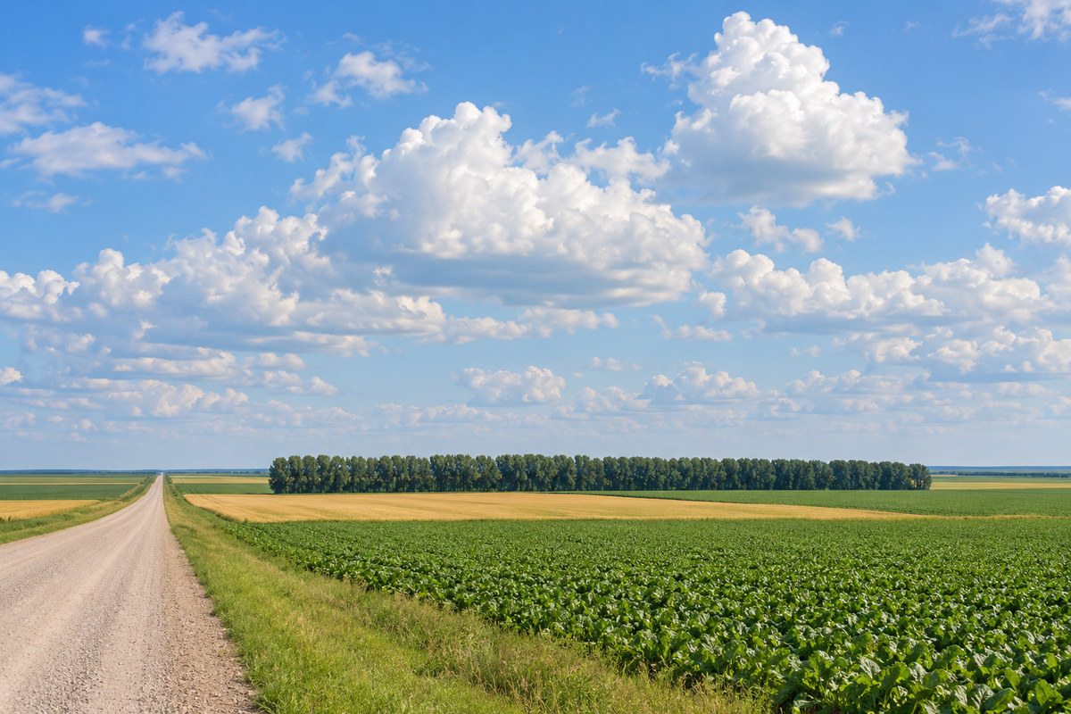 Flat Red River Valley farmland under a wide sky with a straight gravel road and shelterbelt